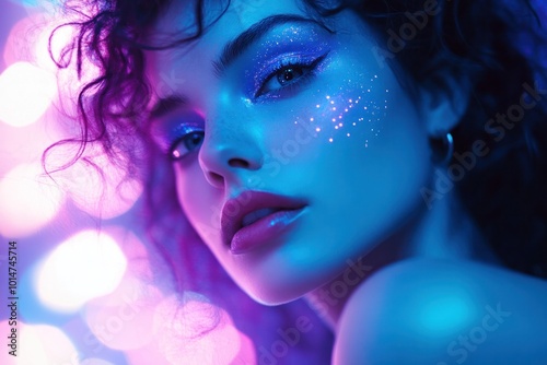 Close-up of Woman With Glitter Makeup in Neon Lights, Sparkling Eyeshadow, Glowing Skin, and Colorful Bokeh Background photo