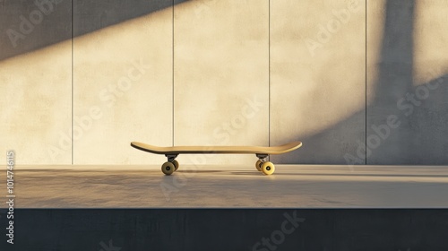 Minimalist Skateboard Display, a lone skateboard rests on a smooth concrete surface, emphasizing clean lines and simplicity in design photo