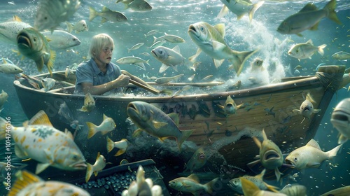 Underwater Adventure: Child Rowing Boat Amidst School of Fish in Surreal Ocean Scene photo