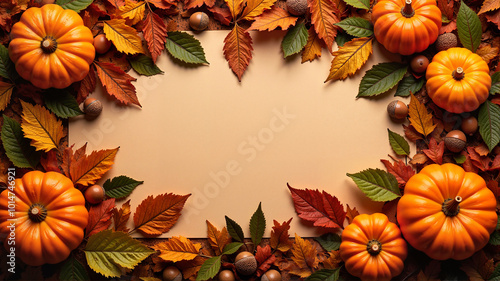 Autumn Frame with Pumpkins and Colorful Leaves on Beige Background