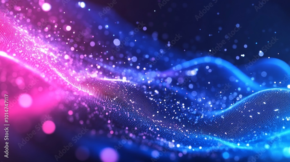 Fototapeta premium Abstract background with glowing particles in blue and pink.