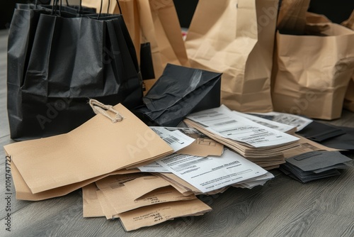 Black Friday Receipts: A flat lay of several long receipts from Black Friday purchases, each showing multiple items and large discounts. The receipts are laid out on a table with shopping bags and ite photo