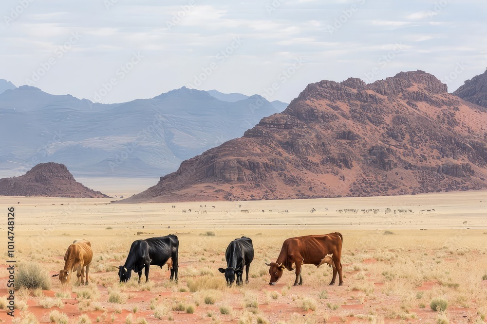 Cattle graze in a dry, mountainous landscape. Cattle graze in a dry, mountainous landscape.