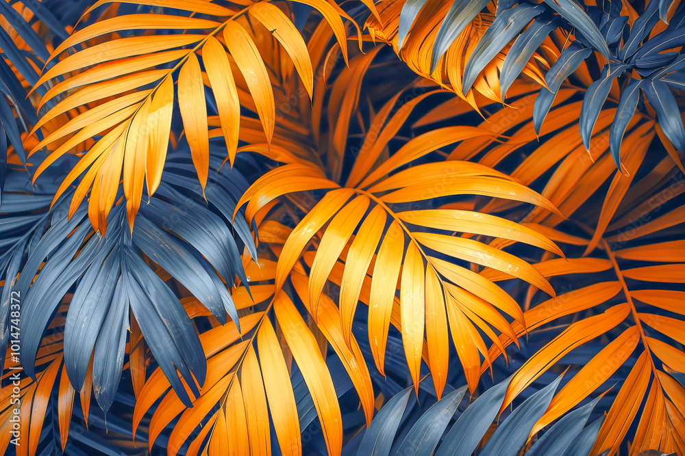 Tropical background of golden and blue palm tree leaves forming a ...