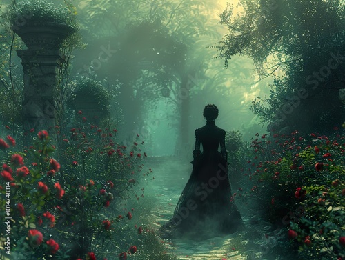 Woman Walking Through a Foggy Garden