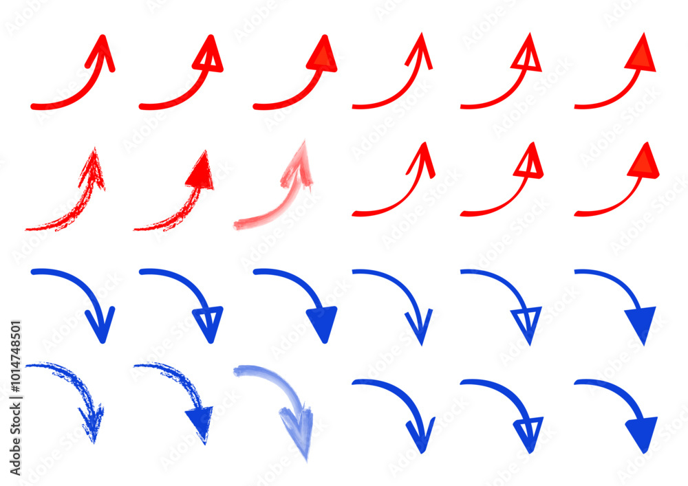 赤と青のシンプルな手描き風の矢印イラストセット Illustration of a rising arrow Set 赤と青のシンプルな手描き風の矢印イラストセット Illustration of a rising arrow Set