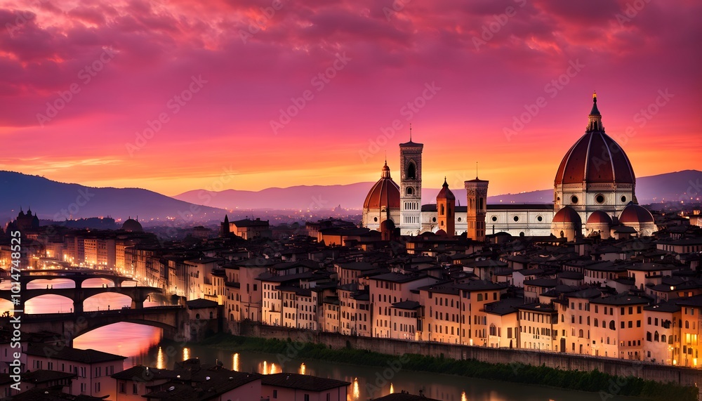 Fototapeta premium Silhouette of the Florence skyline with the duomo set against a rich pink and red sunset, Ai Generated