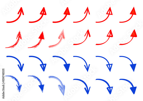 赤と青のシンプルな手描き風の矢印イラストセット　 Illustration of a rising arrow Set