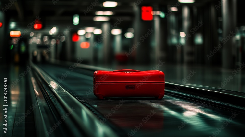 Fototapeta premium Red Luggage on Silent Conveyor Belt in Airport