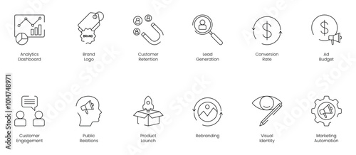 Analytical Dashboard Icon Set Featuring Brand Logo, Customer Retention, Lead Generation, Conversion Rate, Ad Budget, Customer Engagement, Public Relations, Product Launch, Rebranding, Visual Identity 