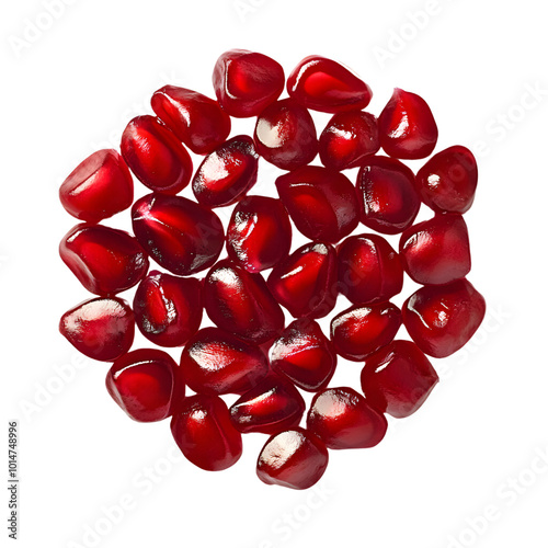 Vibrant red pomegranate arils arranged in a circular pattern on transparent background photo