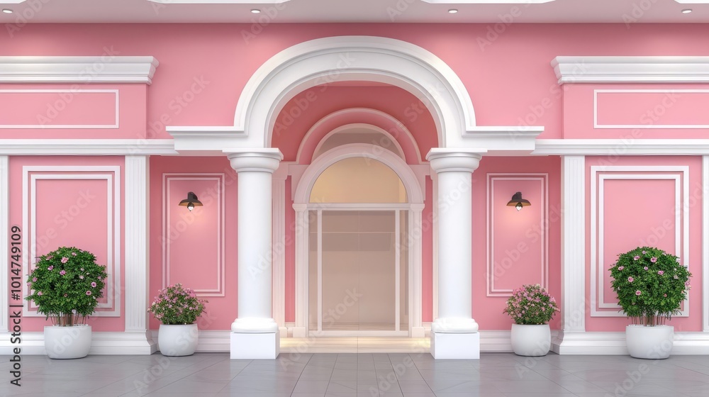 Pink storefront with arched entryway and white columns. Pink storefront with arched entryway and white columns.