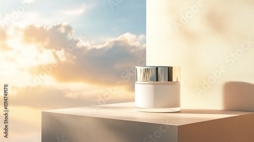 Wallpaper Mural A mockup of cosmetic jar Skin care products face cream transparent on a beige wall with a blue sky with clouds in the background. close up. Space for text. Torontodigital.ca