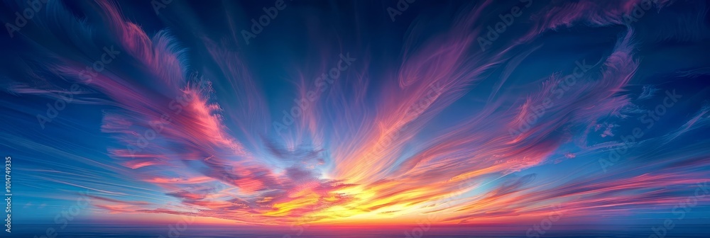 Vibrant sunset with colorful clouds and a glowing horizon. Vibrant sunset with colorful clouds and a glowing horizon.