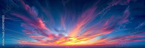 Vibrant sunset with colorful clouds and a glowing horizon.