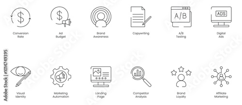 Conversion Rate and Ad Budget Icon Set Including Brand Awareness, Copywriting, AB Testing, Digital Ads, Visual Identity, Marketing Automation, Landing Page, Computer Analysis, Brand Loyalty, and Affi photo