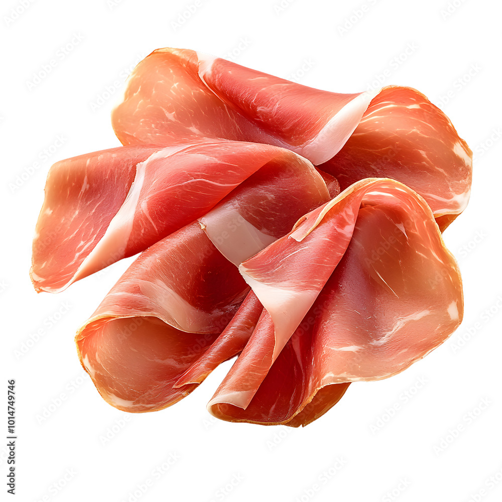 Delicate arrangement of sliced prosciutto on transparent background Delicate arrangement of sliced prosciutto on transparent background