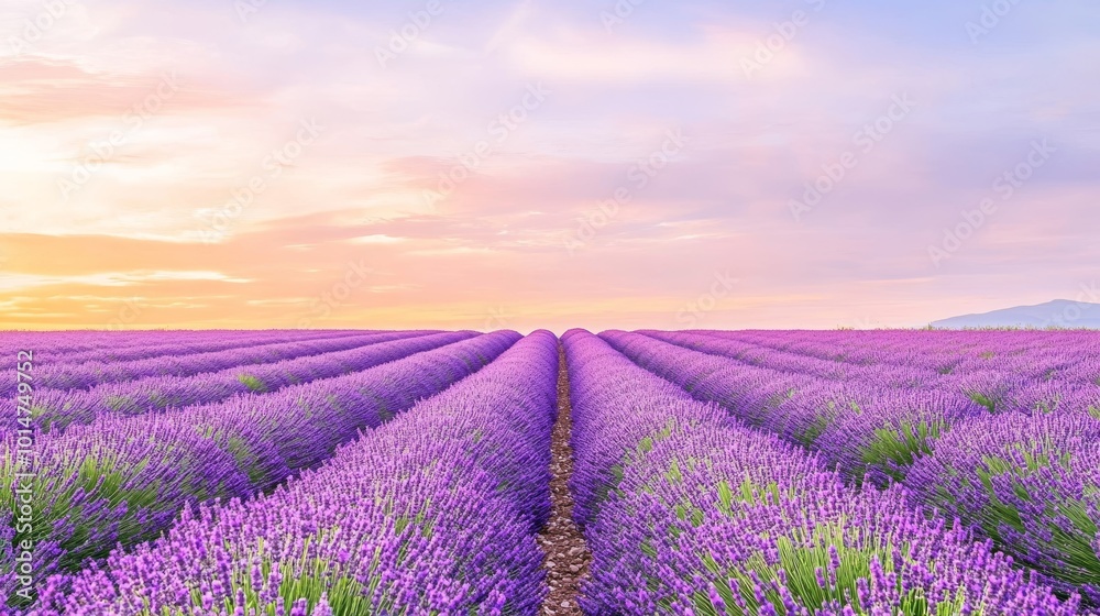 Naklejka premium Lavender Fields in Full Bloom at Sunset