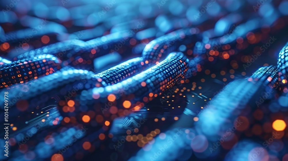Fototapeta premium Abstract digital chain links in blue and orange glow, representing connectivity and data flow.