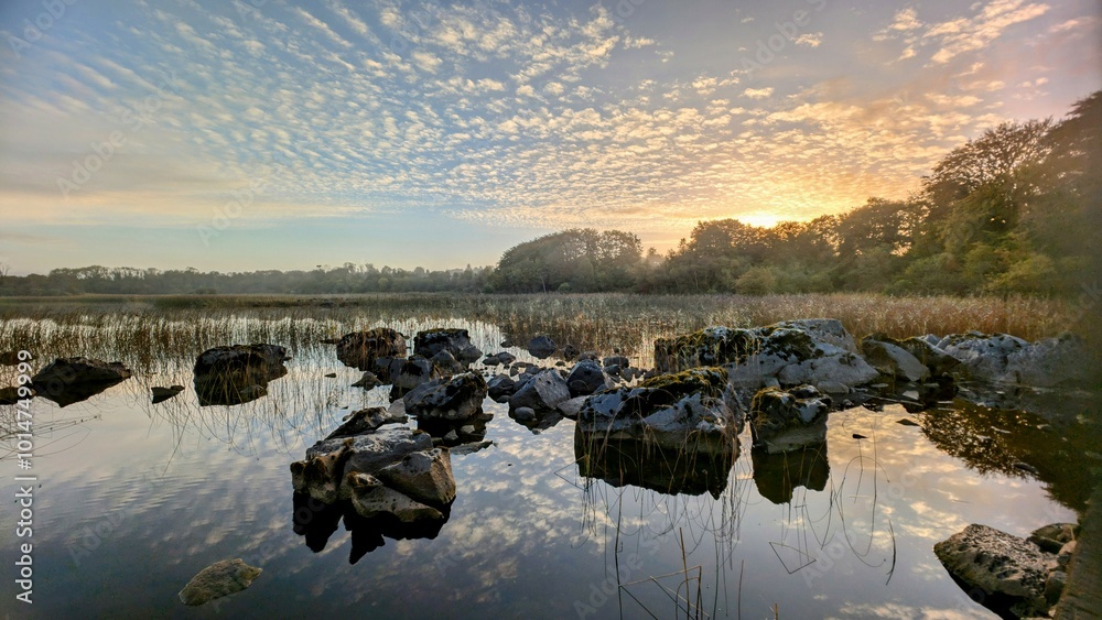 Beautiful lakeside sunrise scenery at Ross lake, county Galway, Ireland, nature and landscape background