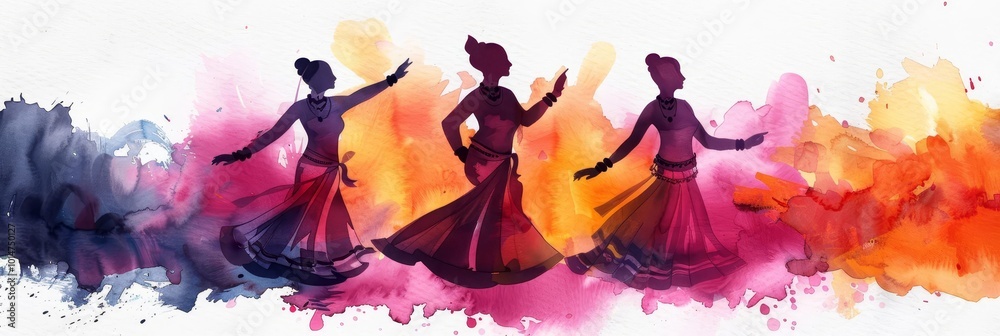 Watercolor illustration of five silhouettes dancing in a circle, representing unity and celebration. Watercolor illustration of five silhouettes dancing in a circle, representing unity and celebration.