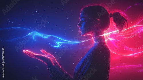 Woman Silhouette with Neon Lights and Stars Background