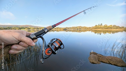 Obraz na płótnie Hand holding fishing rod and reel, sunset fishing at Ross lake at Galway, Ireland, spinning, angling, catch and release, sport and leisure, nature background w salonie