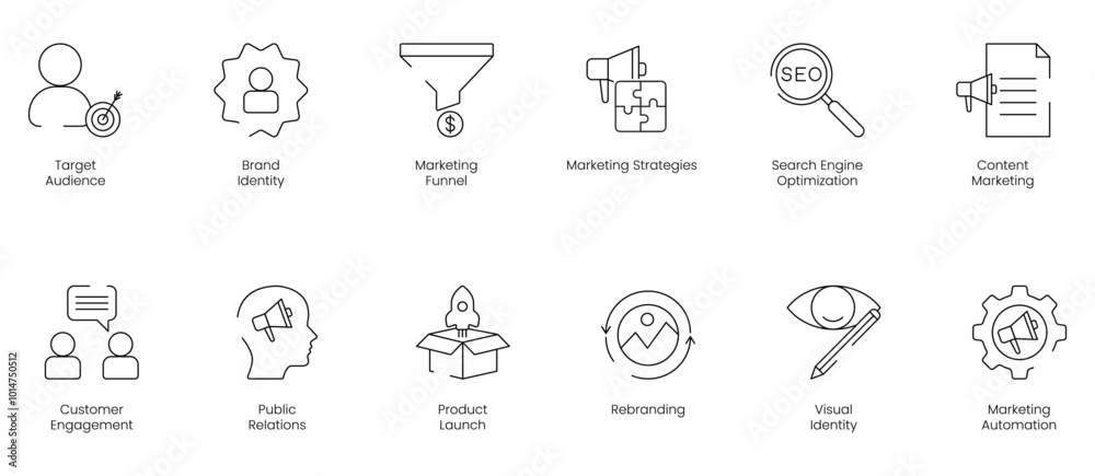 Target Audience and Brand Identity Icon Set Including Marketing Funnel, Marketing Strategies, SEO, Content Marketing, Customer Engagement, Public Relations, Product Launch, Rebranding, Visual Identity Target Audience and Brand Identity Icon Set Including Marketing Funnel, Marketing Strategies, SEO, Content Marketing, Customer Engagement, Public Relations, Product Launch, Rebranding, Visual Identity