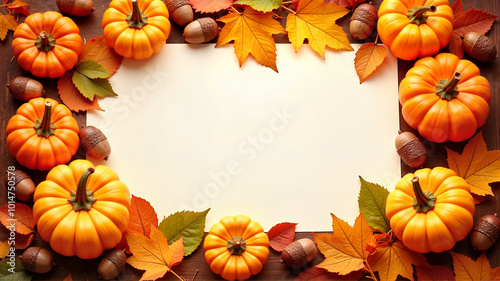 Pumpkins and autumn leaves frame on white background