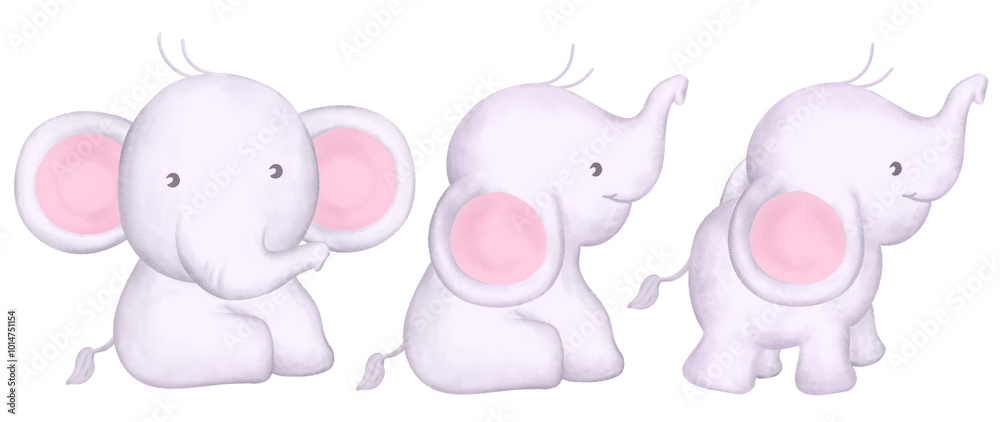 Obraz premium three of cute pink elephant gesture isolated. perfect for wildlife themed posters design. 