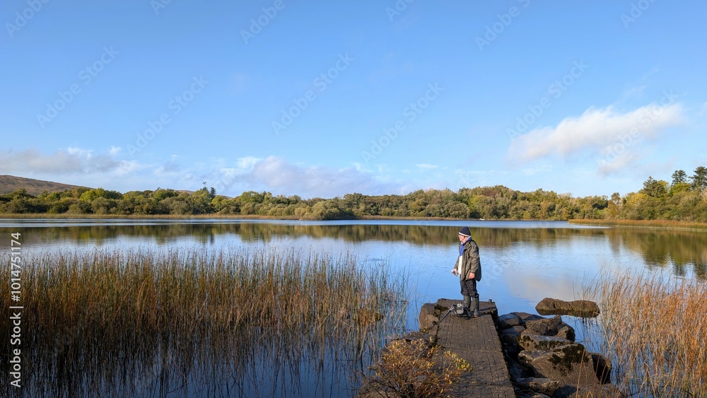 fisherman fishing on shore of Ross lake, Galway, Ireland, spinning, angling, fly fishing, outdoor activities