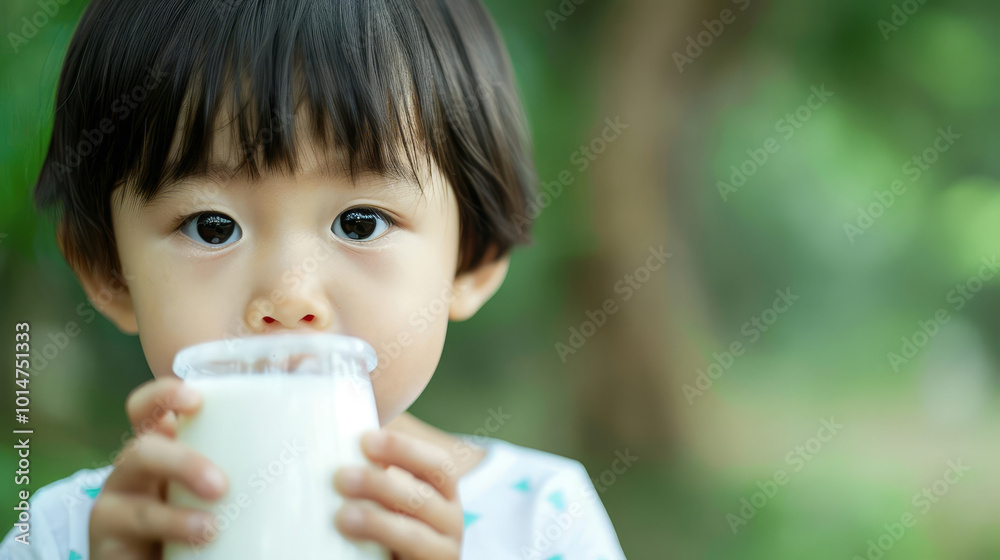 Image of an Asian child drinking milk, highlighting health With copy space Image of an Asian child drinking milk, highlighting health With copy space