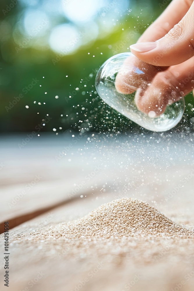 Hand Pouring Fine Sand From a Glass Container Onto a Wooden Surface Outdoors Hand Pouring Fine Sand From a Glass Container Onto a Wooden Surface Outdoors