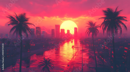 pink sunset in a city with skyscrapers