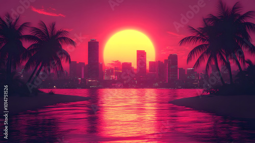 pink sunset in a city with skyscrapers