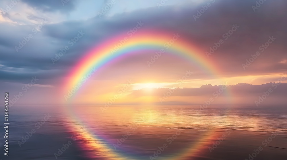 A vibrant rainbow arcs across the sky, Rainbow after a recent rainstorm A vibrant rainbow arcs across the sky, Rainbow after a recent rainstorm