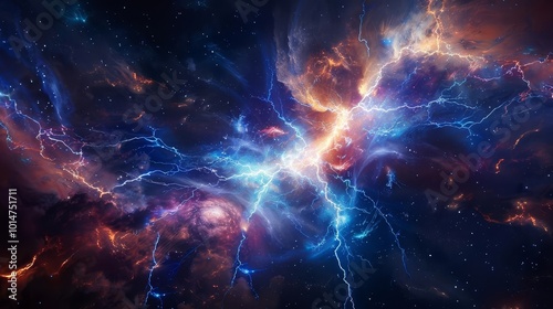 Abstract cosmic background with lightning bolts and nebulae.