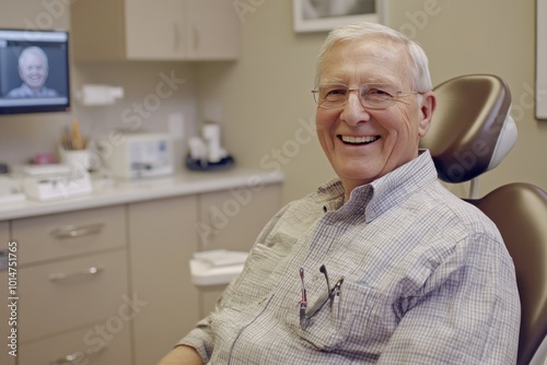 Joyful Elderly Man Smiling in Dental Office