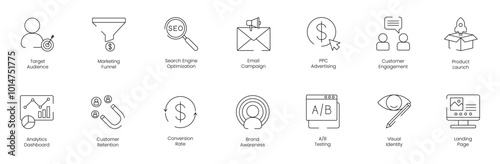 Target Audience and Marketing Funnel Icon Set Including SEO, Email Campaign, PPC Advertising, Customer Engagement, Product Launch, Analytical Dashboard, Customer Retention vector icon set