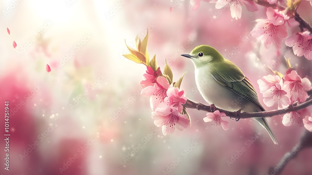 Bird sitting on a branch of a flowering tree, close-up photo Bird sitting on a branch of a flowering tree, close-up photo