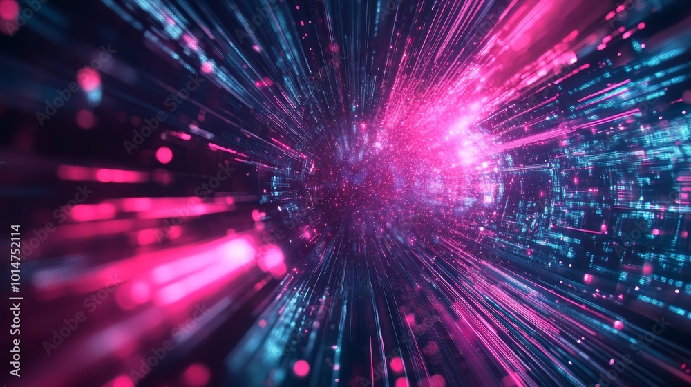 Obraz premium Abstract digital tunnel with glowing neon lights in pink and blue.