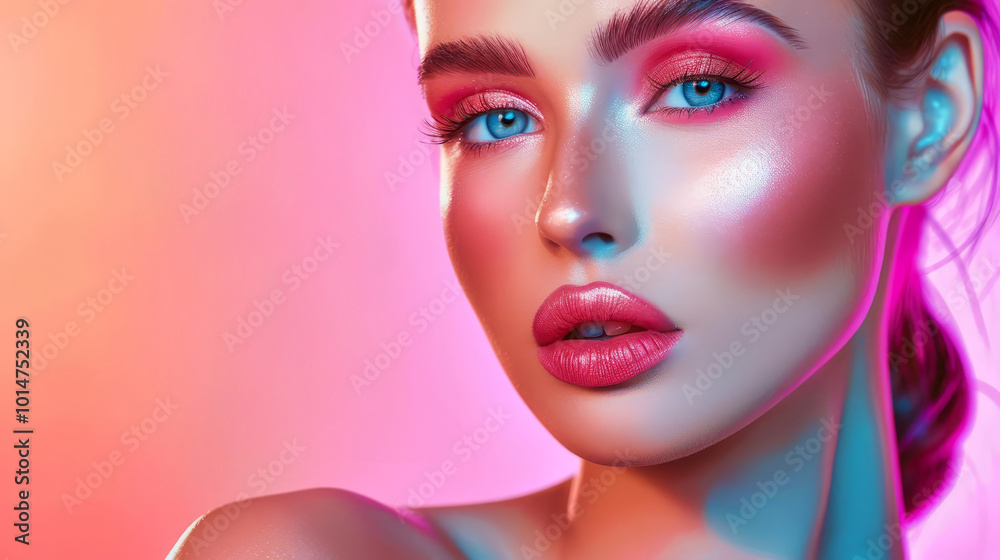 Closeup portrait of a beautiful woman with vibrant makeup and colorful lighting. Closeup portrait of a beautiful woman with vibrant makeup and colorful lighting.