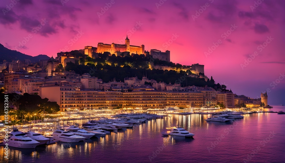 Naklejka premium Silhouette of the monaco skyline with yachts and the princes palace glowing under a vibrant red and purple, Ai Generated