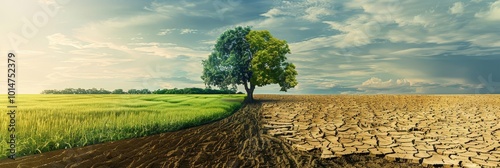 Tree in the middle of a field, half green, half dry. photo