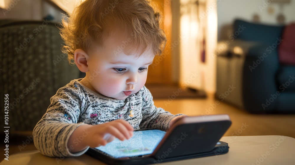 A young girl is looking intently at a tablet. A young girl is looking intently at a tablet.