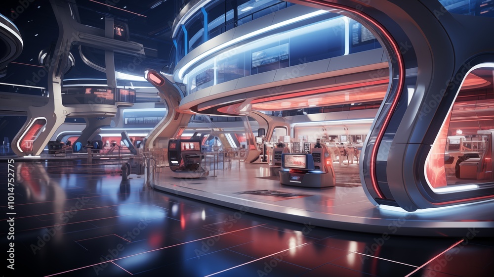 Naklejka premium Visualisation vr project, futuristic Commercial stand in exhibition hall or large professional salon ready to receive brands . 
