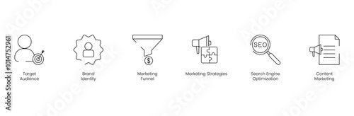 Target Audience and Brand Identity Icon Set with Marketing Funnel, Marketing Strategies, SEO, and Content Marketing