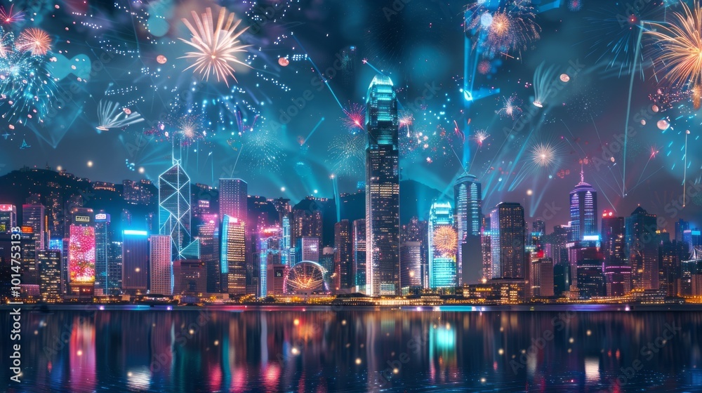 Fototapeta premium Futuristic City Skyline at Midnight on New Year's Eve