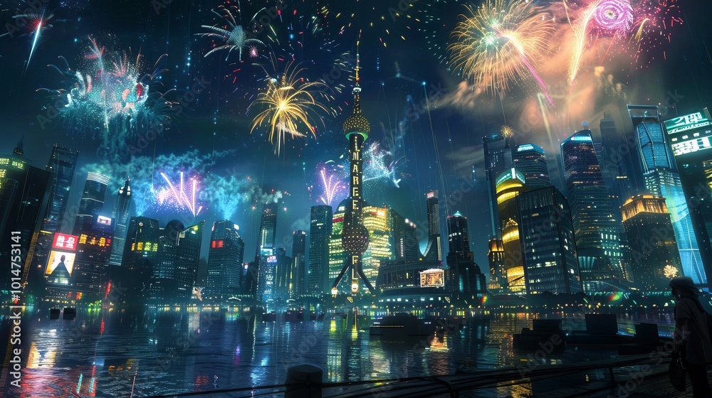 Fototapeta premium Futuristic City Skyline at Midnight on New Year's Eve