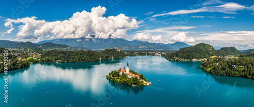 Lake Bled in Slovenia. Beautiful mountains and Bled lake with small Pilgrimage Church. Bled lake and island with Pilgrimage Church of the Assumption of Maria. Bled, Slovenia, Europe.